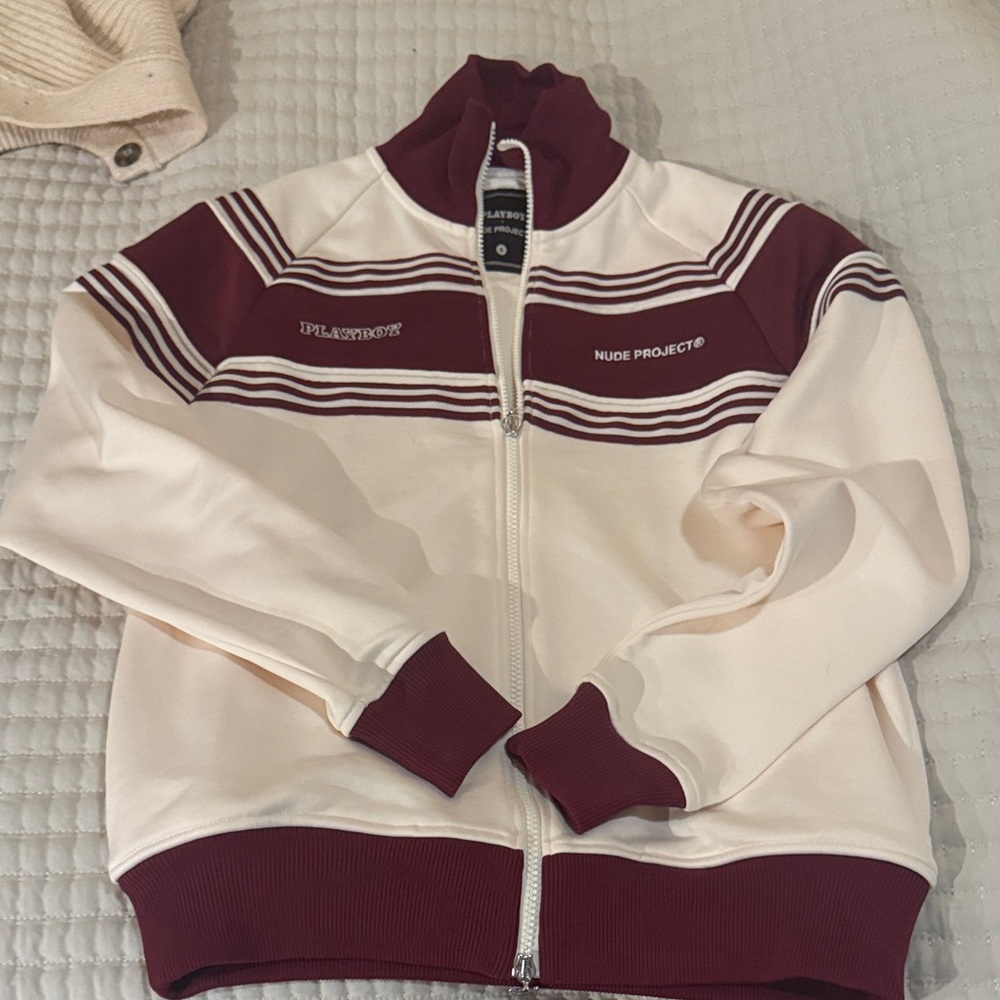PLAYBOY Maroon and White Bomber Jacket